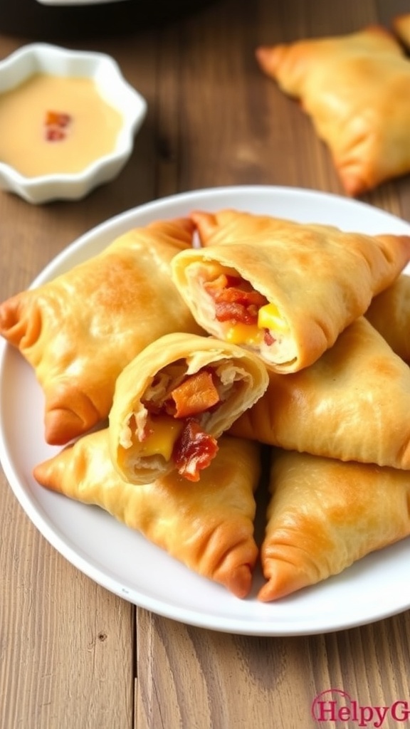 Air Fryer Bacon and Cheese Turnovers Golden-brown bacon and cheese turnovers on a plate, showcasing flaky pastry and melted cheese.